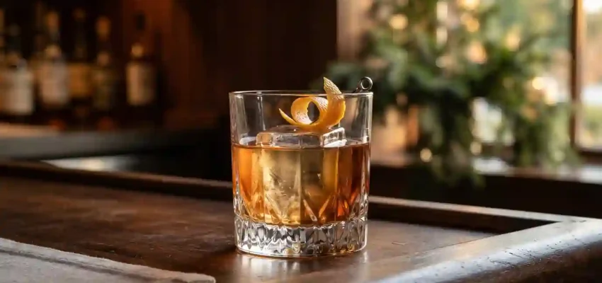 Amber Oregon Old Fashioned cocktail served over ice with an orange twist