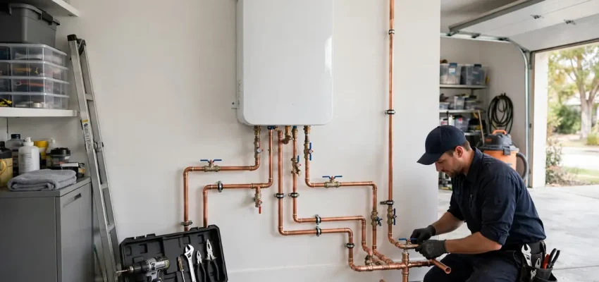 Tankless water heater cost: technician installing a wall-mounted tankless water heater in a garage