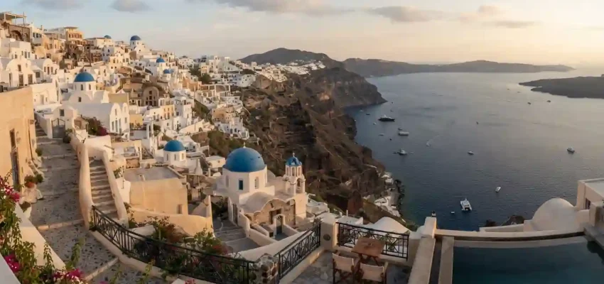 Santorini caldera with whitewashed buildings, blue domes, and Aegean Sea views