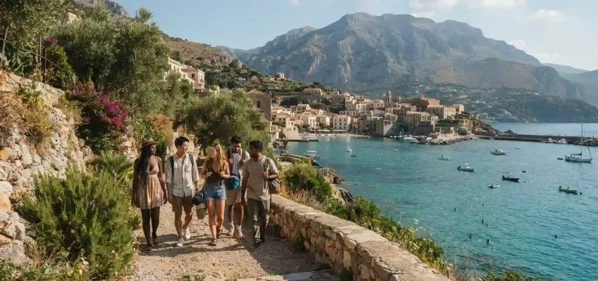 Travelers enjoying a scenic summer destination with a coastline, mountains, and lush outdoor surroundings