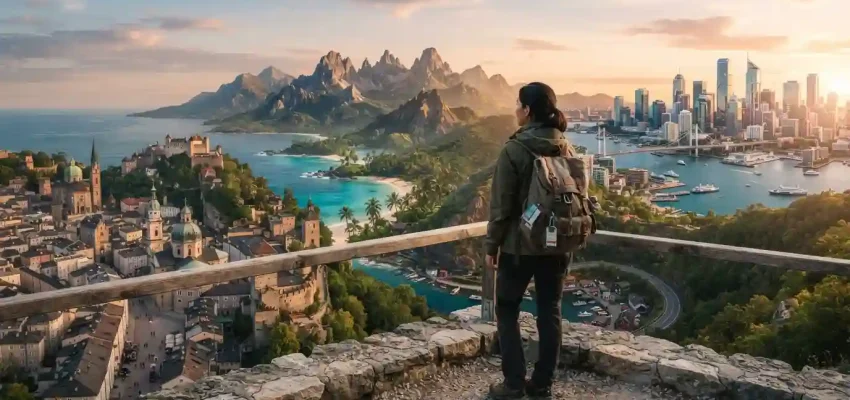 Traveler overlooking a scenic international destination with mountains, coastline, and city views