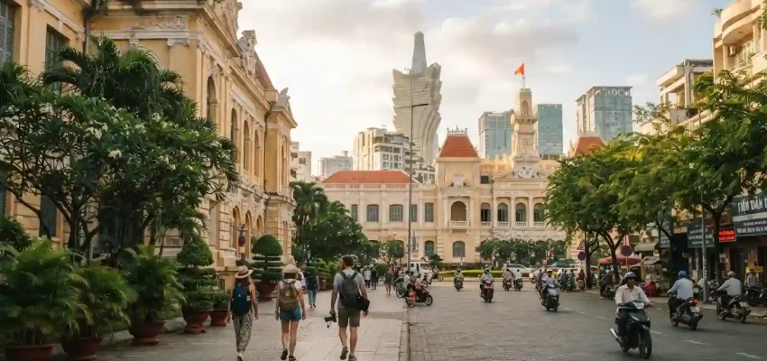 Historic and modern Ho Chi Minh City landmarks with travelers exploring the city