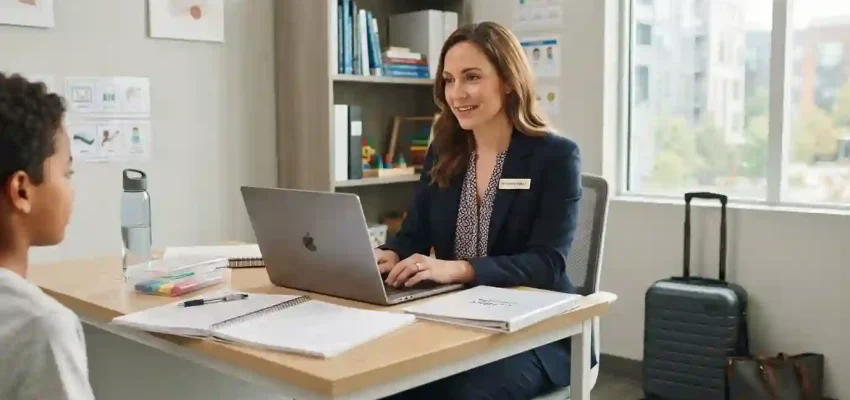 Behavior analyst working with a laptop in a professional setting with travel luggage nearby
