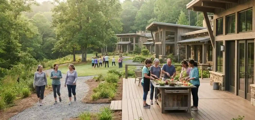 Wellness participants walking and learning in a peaceful natural health retreat setting