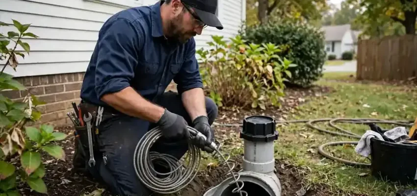 Plumber using a drain auger on a main sewer cleanout pipe outside a USA home