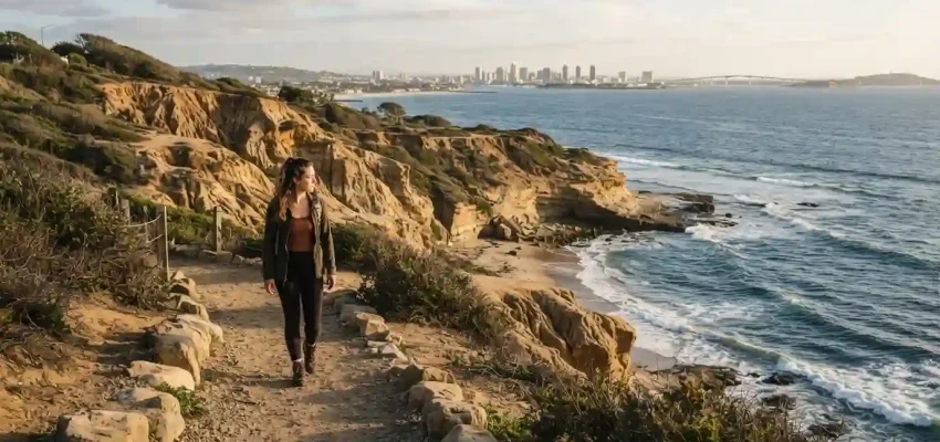 Scenic San Diego coastline with rugged cliffs and a walking trail overlooking the Pacific Ocean