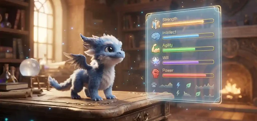 Magical game pet beside a visual statistics interface representing Wizard101 pet attributes