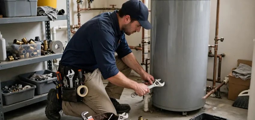 A plumber repairing a residential water heater in a home utility room with tools