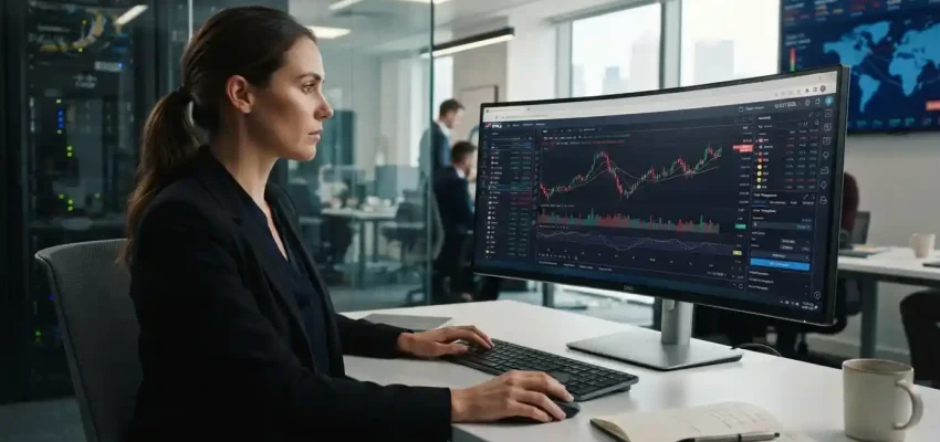 Professional trader using a browser-based trading dashboard with market data and financial charts