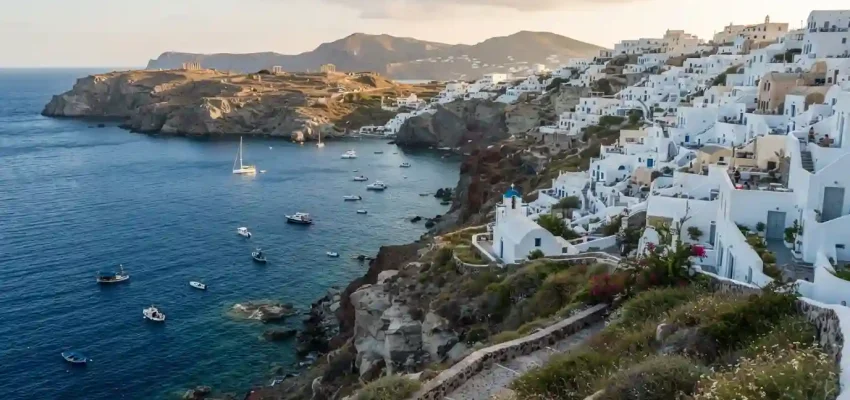 Greek coastal village overlooking the blue Mediterranean Sea